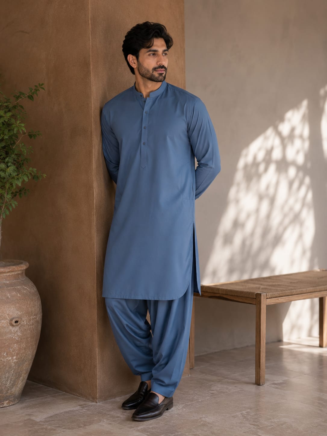 LA | Slate Blue Wash-and-Wear Shalwar Kameez - Unstitched