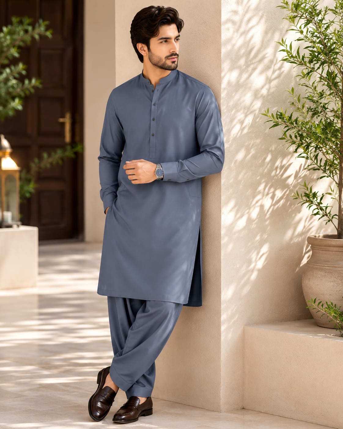 LA | Steel Blue Wash-and-Wear Shalwar Kameez - Unstitched