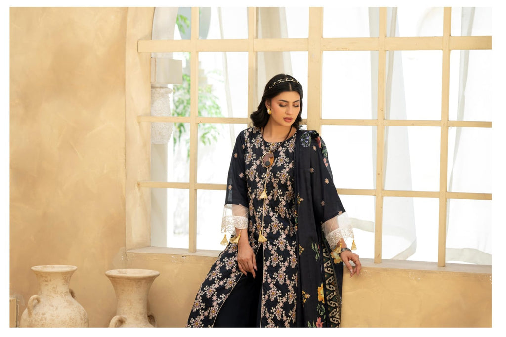 Noir Bloom embroidered lawn suit — back view