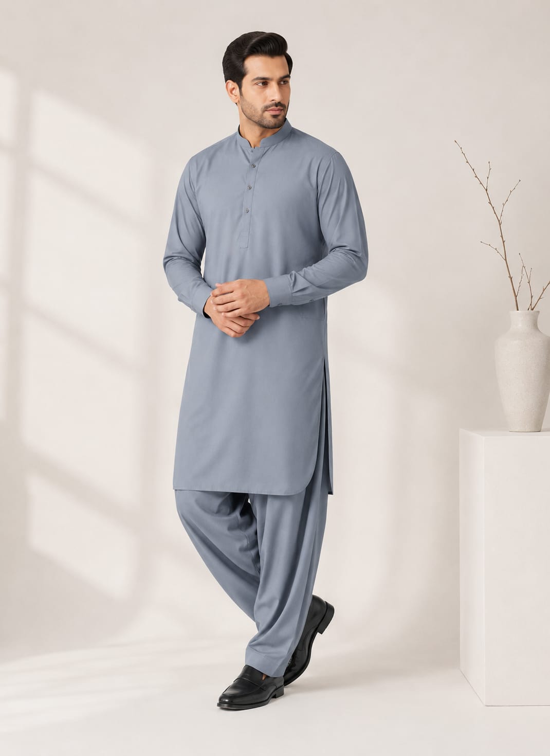 LA | Steel Grey Wash-and-Wear Shalwar Kameez - Unstitched