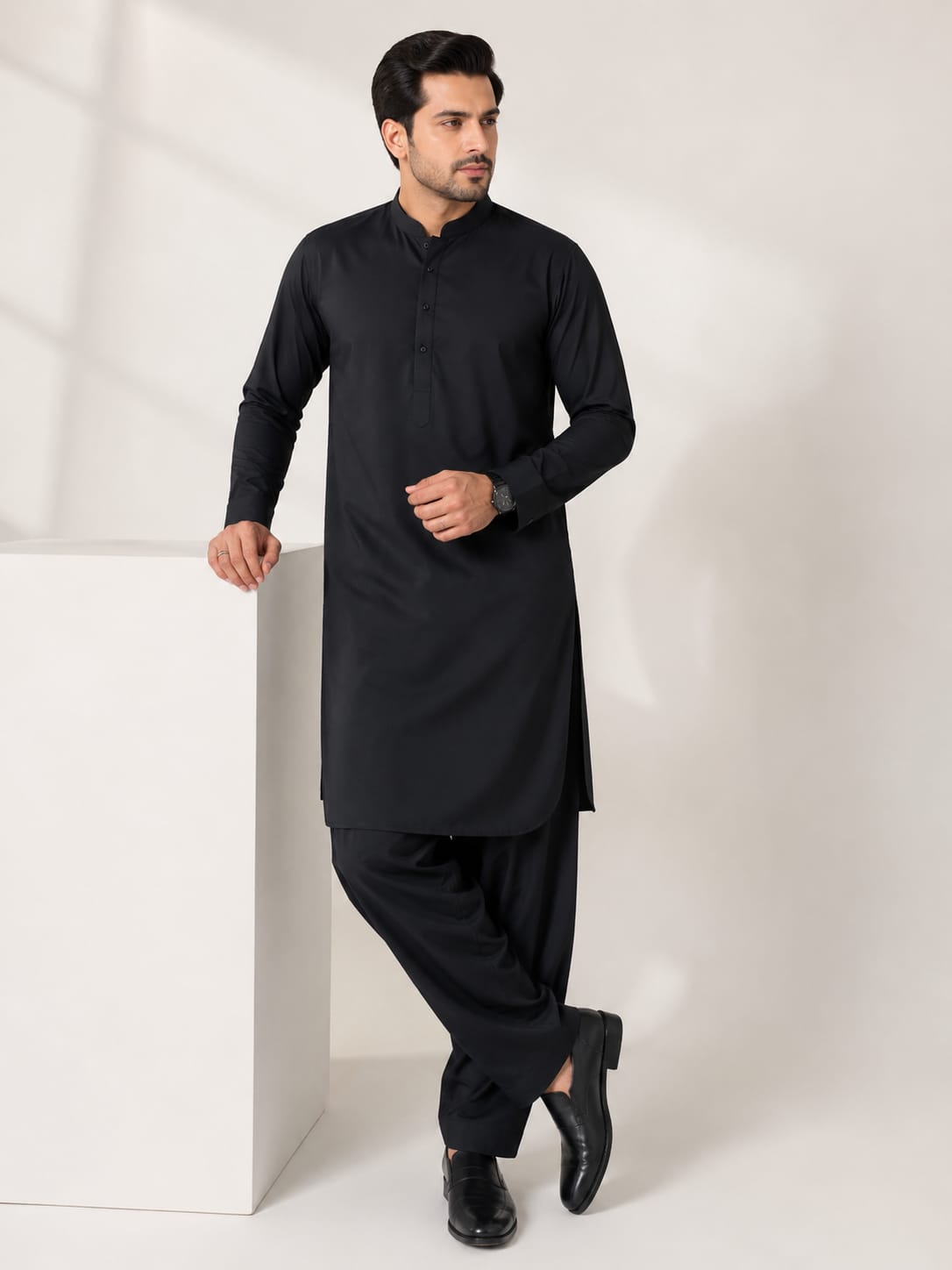 LA | Black Wash-and-Wear Shalwar Kameez - Unstitched