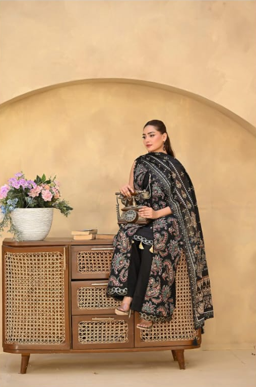 Poshak | Midnight Paisley - Premium Embroidered Lawn 3-Piece Unstitched Suit