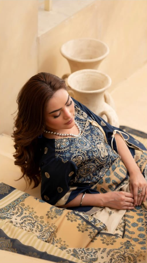 Poshak | Midnight Navy - Premium Embroidered Lawn 3-Piece Unstitched Suit