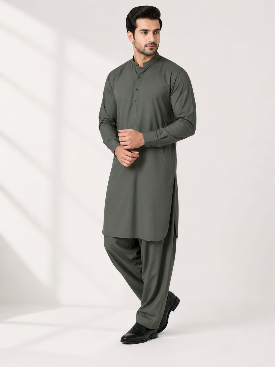 LA | Olive Green Wash-and-Wear Shalwar Kameez - Unstitched