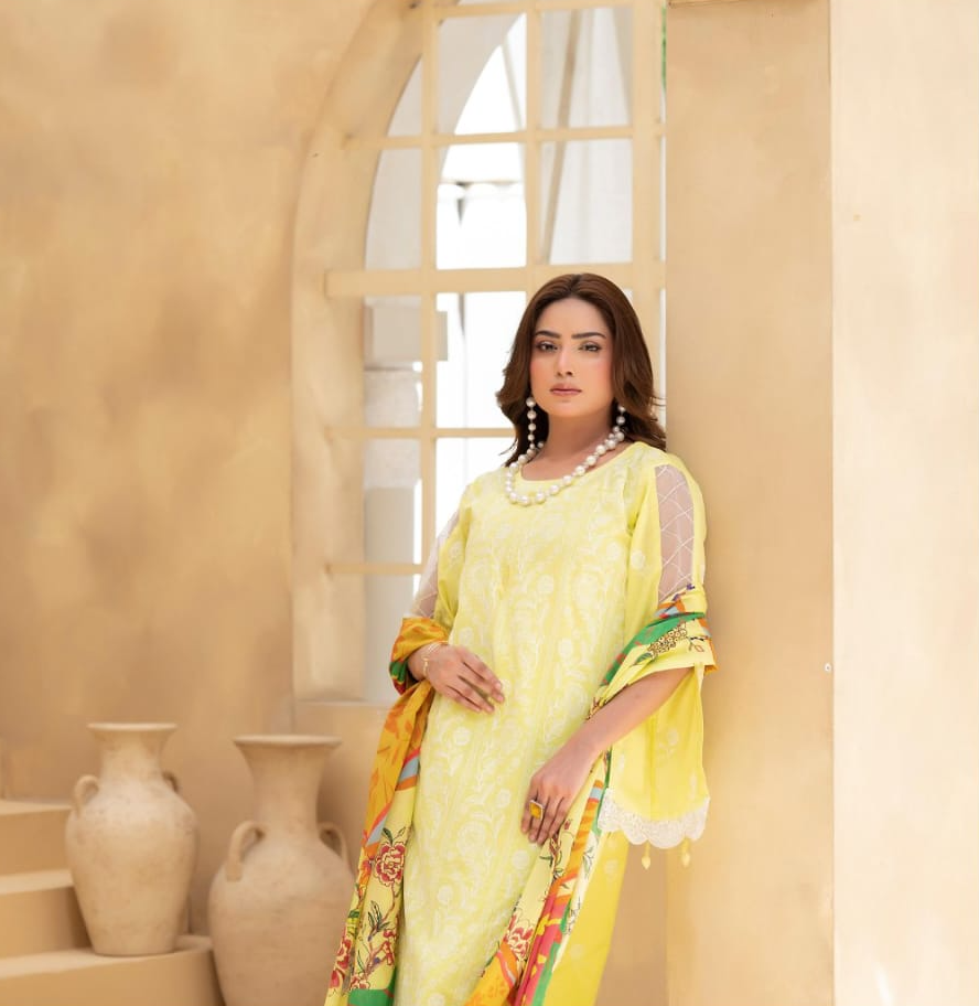 Poshak | Lemon Zest-Premium Embroidered Lawn 3-Piece Unstitched Suit