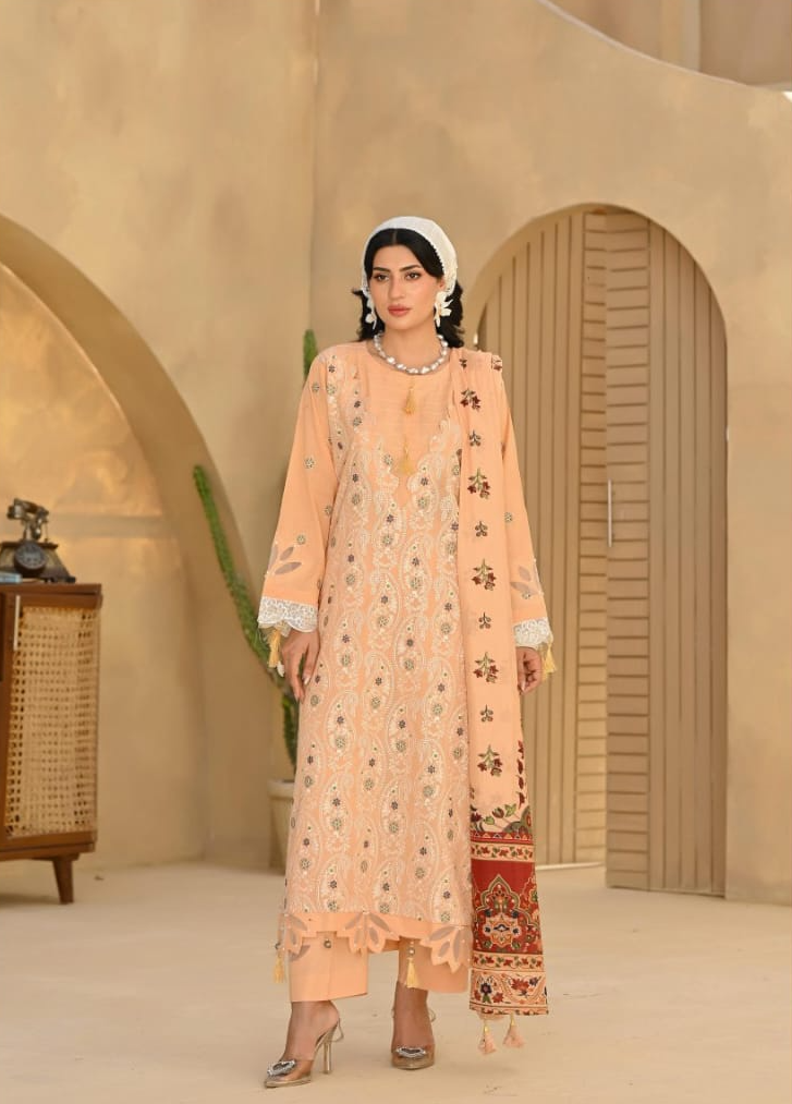 Poshak | Peach Blossom-Premium Embroidered Lawn 3-Piece Unstitched Suit