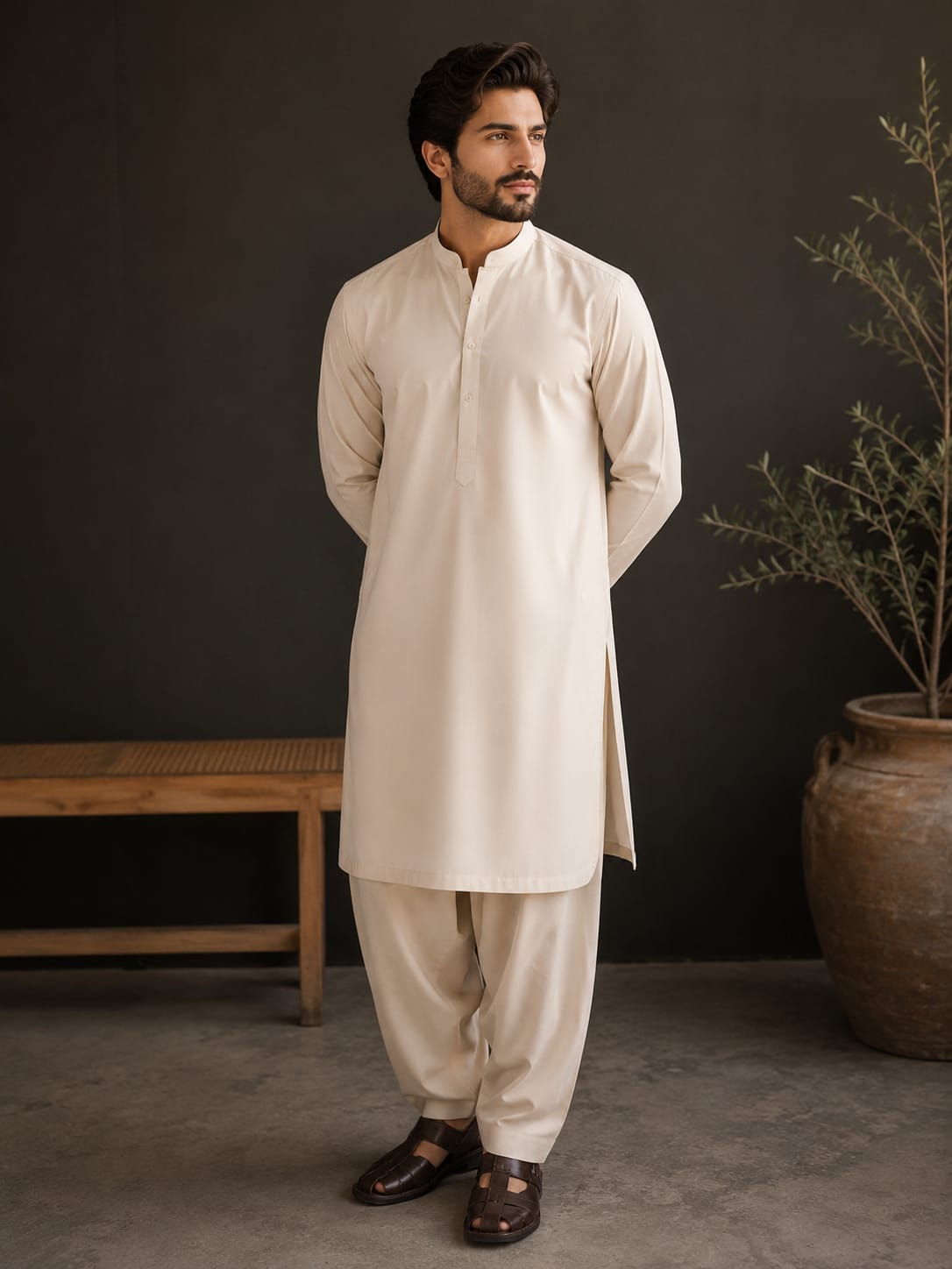 LA | Cream Wash-and-Wear Shalwar Kameez - Unstitched