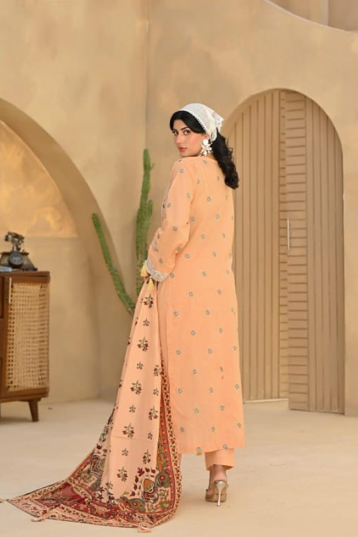 Poshak | Peach Blossom-Premium Embroidered Lawn 3-Piece Unstitched Suit