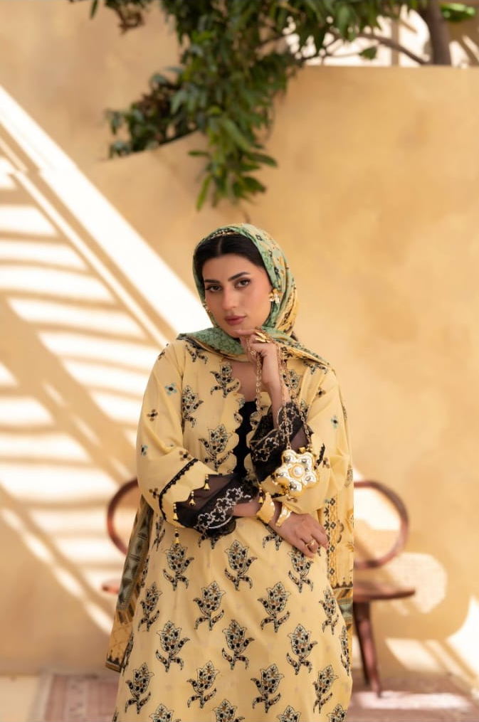 Poshak | Golden Bloom - Premium Embroidered Lawn 3-Piece Unstitched Suit