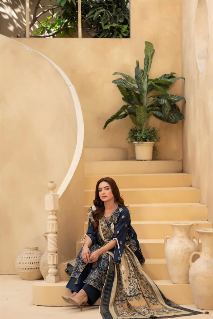 Poshak | Midnight Navy - Premium Embroidered Lawn 3-Piece Unstitched Suit
