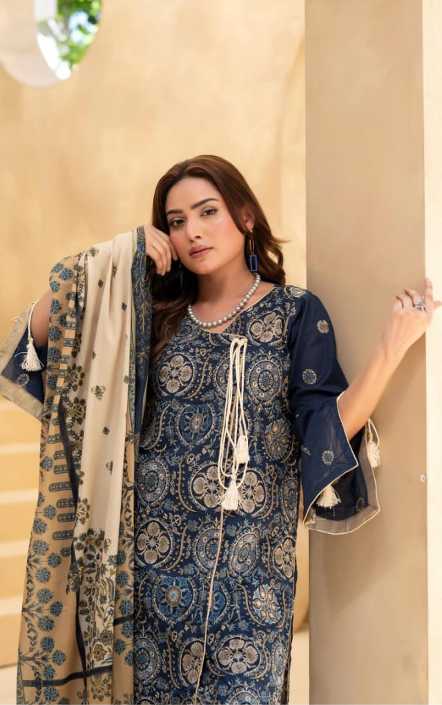Poshak | Midnight Navy - Premium Embroidered Lawn 3-Piece Unstitched Suit