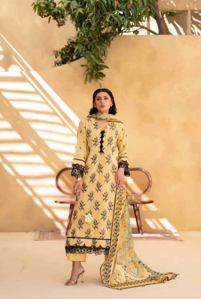 Poshak | Golden Bloom - Premium Embroidered Lawn 3-Piece Unstitched Suit