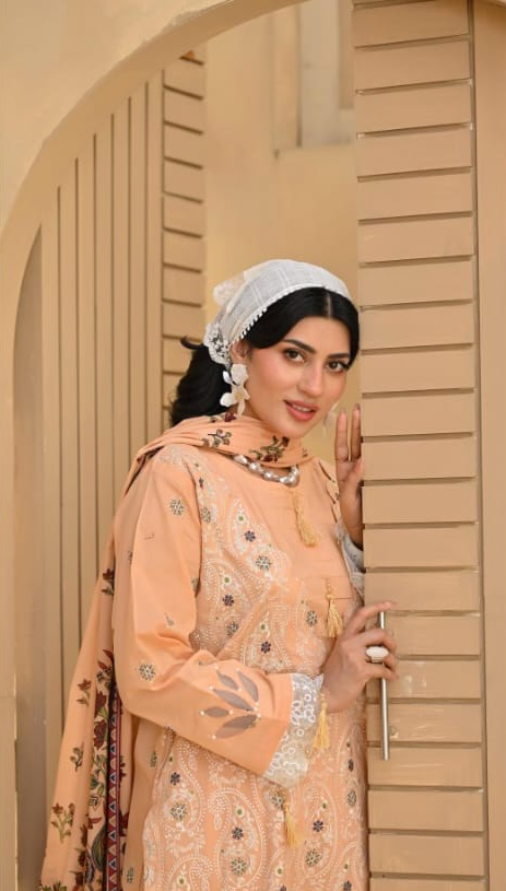 Poshak | Peach Blossom-Premium Embroidered Lawn 3-Piece Unstitched Suit