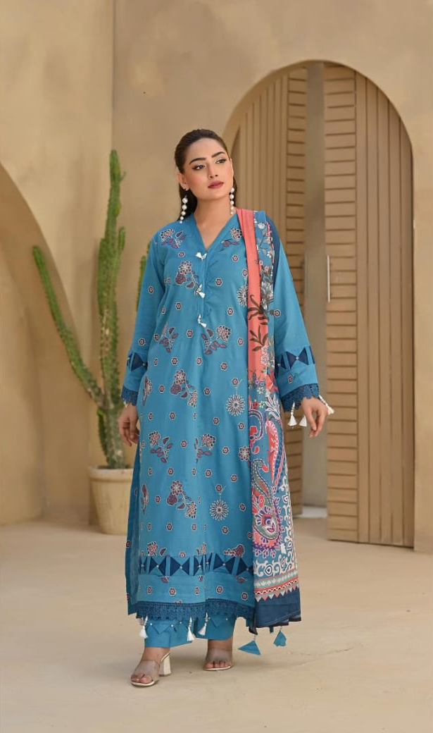 Poshak | Teal Reverie - Premium Embroidered Lawn 3-Piece Unstitched Suit