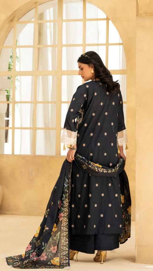 Noir Bloom embroidered lawn suit — three-quarter view