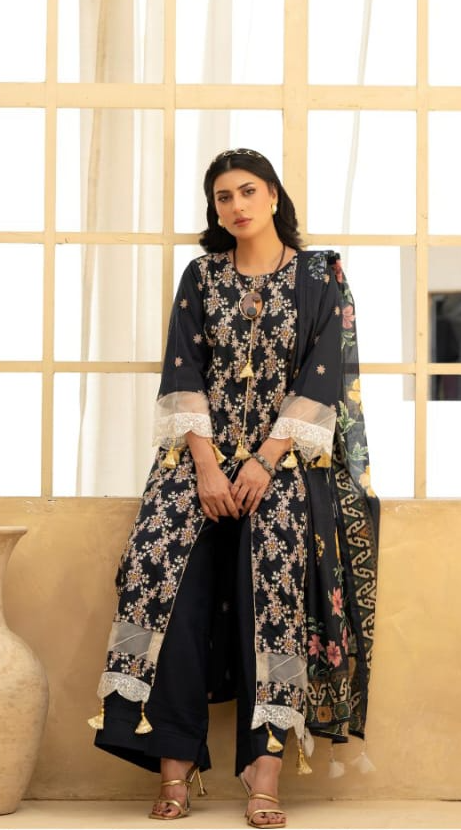 Noir Bloom embroidered lawn suit — full length seated