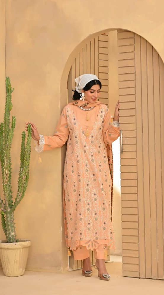 Poshak | Peach Blossom-Premium Embroidered Lawn 3-Piece Unstitched Suit
