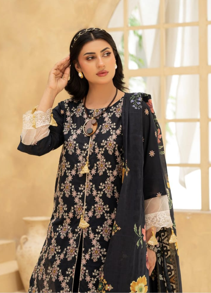 Noir Bloom embroidered lawn suit — full length standing