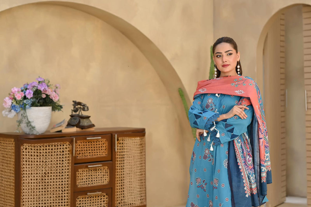 Poshak | Teal Reverie - Premium Embroidered Lawn 3-Piece Unstitched Suit