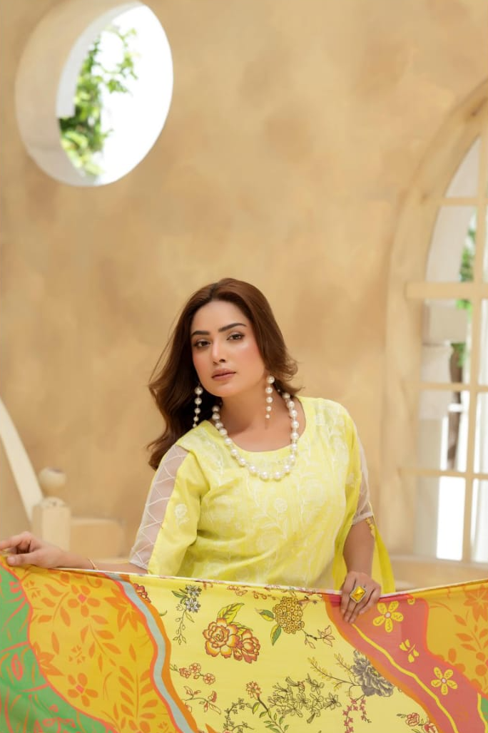 Poshak | Lemon Zest-Premium Embroidered Lawn 3-Piece Unstitched Suit