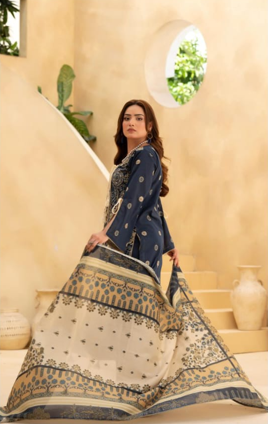 Poshak | Midnight Navy - Premium Embroidered Lawn 3-Piece Unstitched Suit
